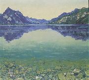 Ferdinand Hodler Thunersee mit symmetrischer Spiegelung vor Sonnenaufgang oil